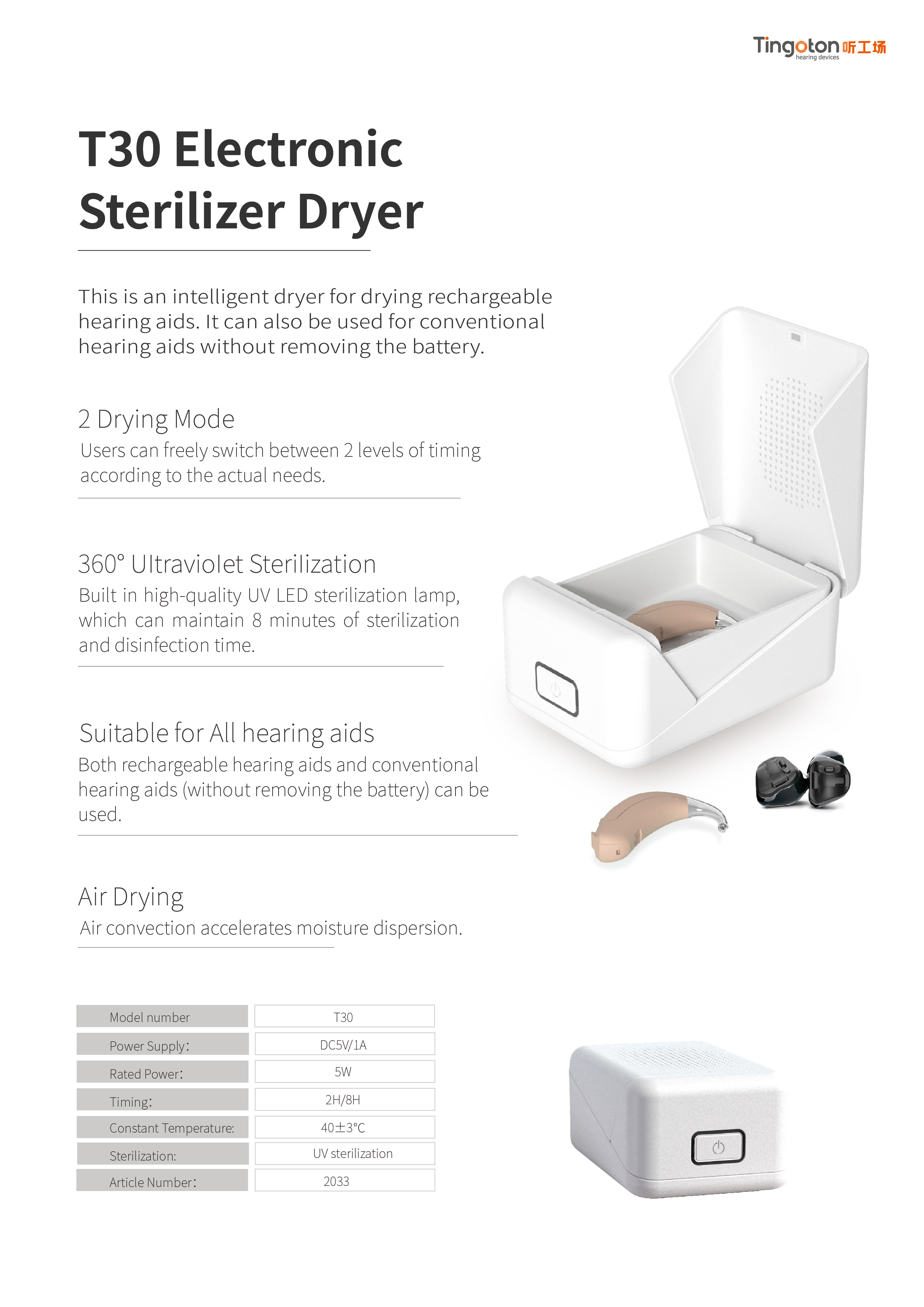 Tingoton T30 Digital  Drying Box Dehumidifier & Cleaner Quick Dry Function ABS Material 403 2H/8H Time Alarm product detail