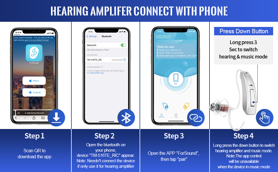 Hearing Aids for Seniors for Rechargeable Noise Cancelling APP Control Self-Fitting Wireless Music Stream Hand-free 1 Year product detail