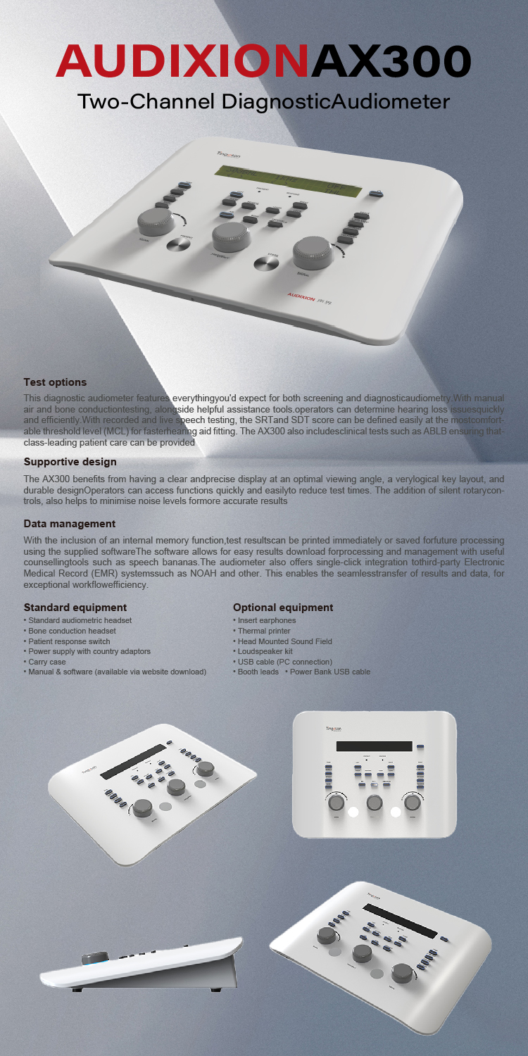 Professional 2-Channel Diagnostic Audiometer Tympanometer Air Bone Conduction Masking Compact Portable Electronic Medical product detail