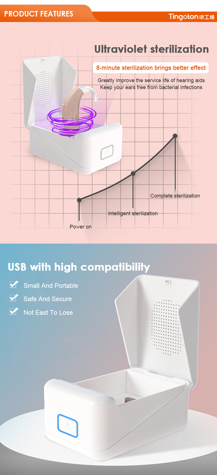 OEM/ODM Electronic Ear Hearing Dryer Case Customizable ABS Material UV Sterilization Cic BTE IEC ITE Hearing Aids Dehumidifier product detail