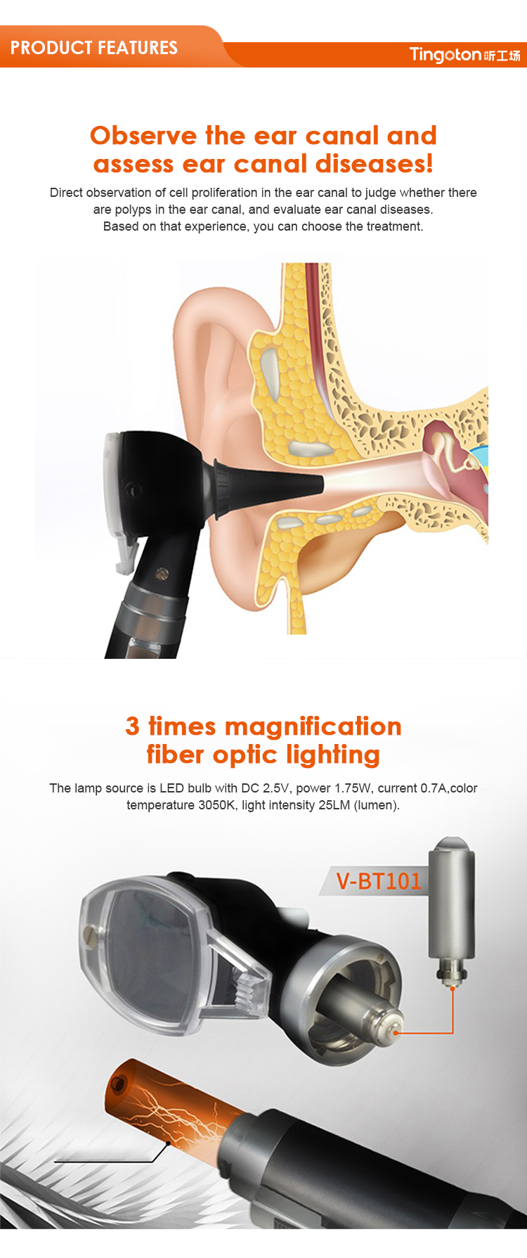 High Quality Self-developed Simple Otoscope Removable Battery Metal Plastic 0.4kg OEM/ODM Available Ears Mouth Eyes Custom Logo product detail